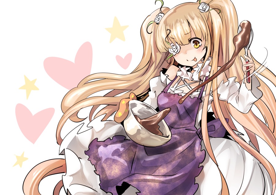 1girl :q apron blonde_hair chocolate dress eyepatch food hair_ornament heart image kirakishou long_hair solo star_(symbol) tongue tongue_out very_long_hair