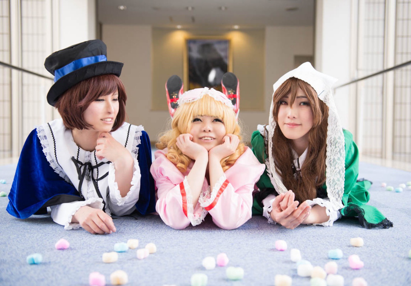 3girls blonde_hair brown_hair closed_eyes hat hood multiple_cosplay multiple_girls petals short_hair siblings sisters smile tagme