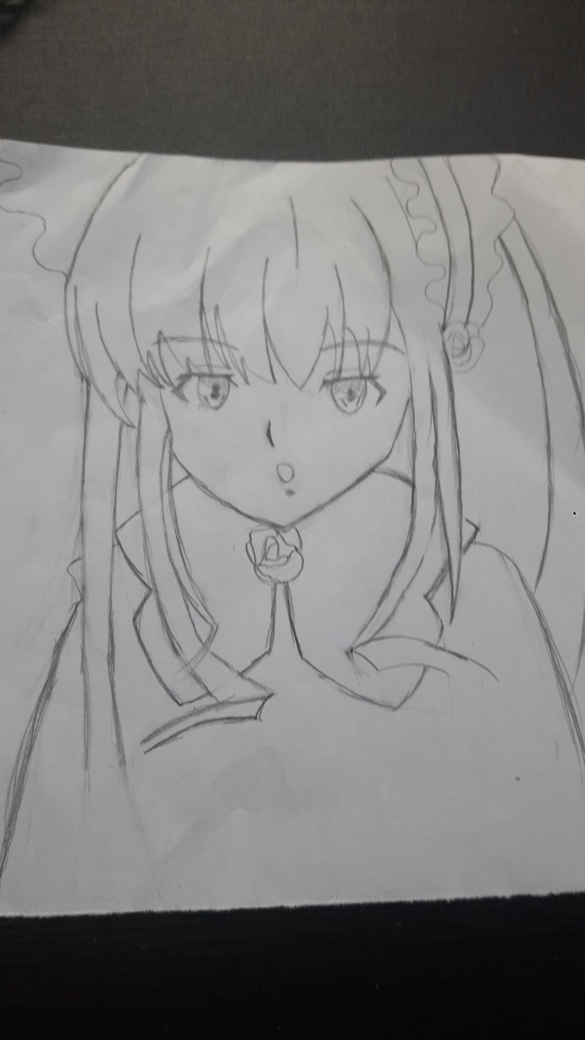 1girl :o bangs eyebrows_visible_through_hair greyscale image long_hair looking_at_viewer maid_headdress monochrome open_mouth shinku simple_background solo traditional_media upper_body white_background