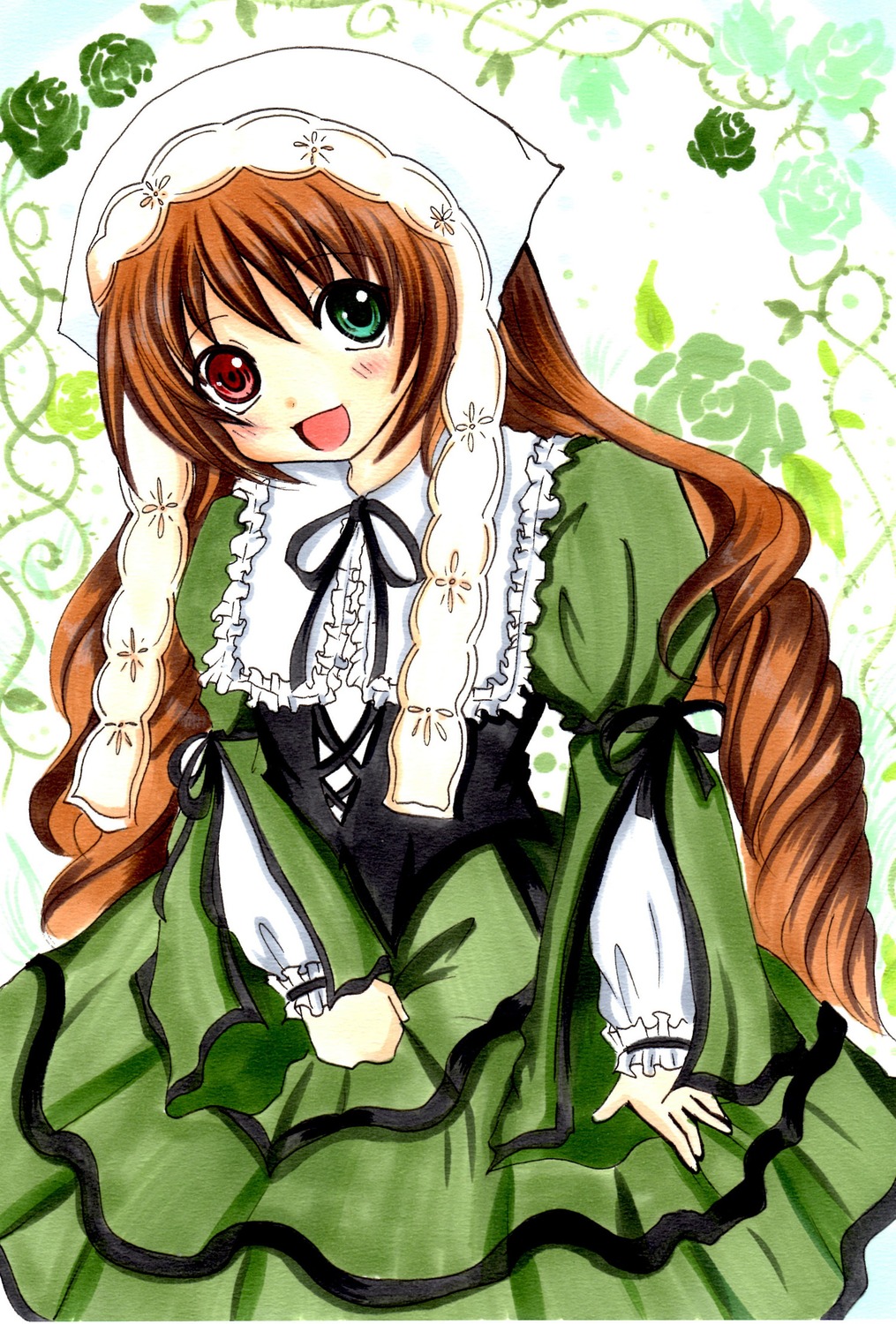 1girl :d blush brown_hair dress drill_hair frills green_dress green_eyes head_scarf heterochromia image long_hair long_sleeves looking_at_viewer open_mouth red_eyes smile solo suiseiseki traditional_media twin_drills twintails very_long_hair watering_can