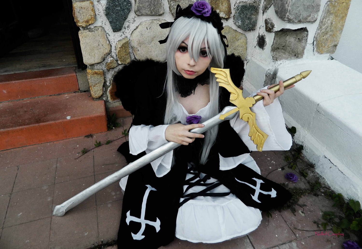 1girl dress flower hair_ornament long_hair purple_flower purple_rose rose solo suigintou sword weapon