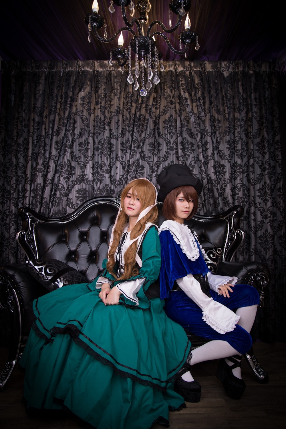 1boy blonde_hair blue_dress blue_eyes cloak dress hat hood long_hair multiple_cosplay multiple_girls sitting tagme