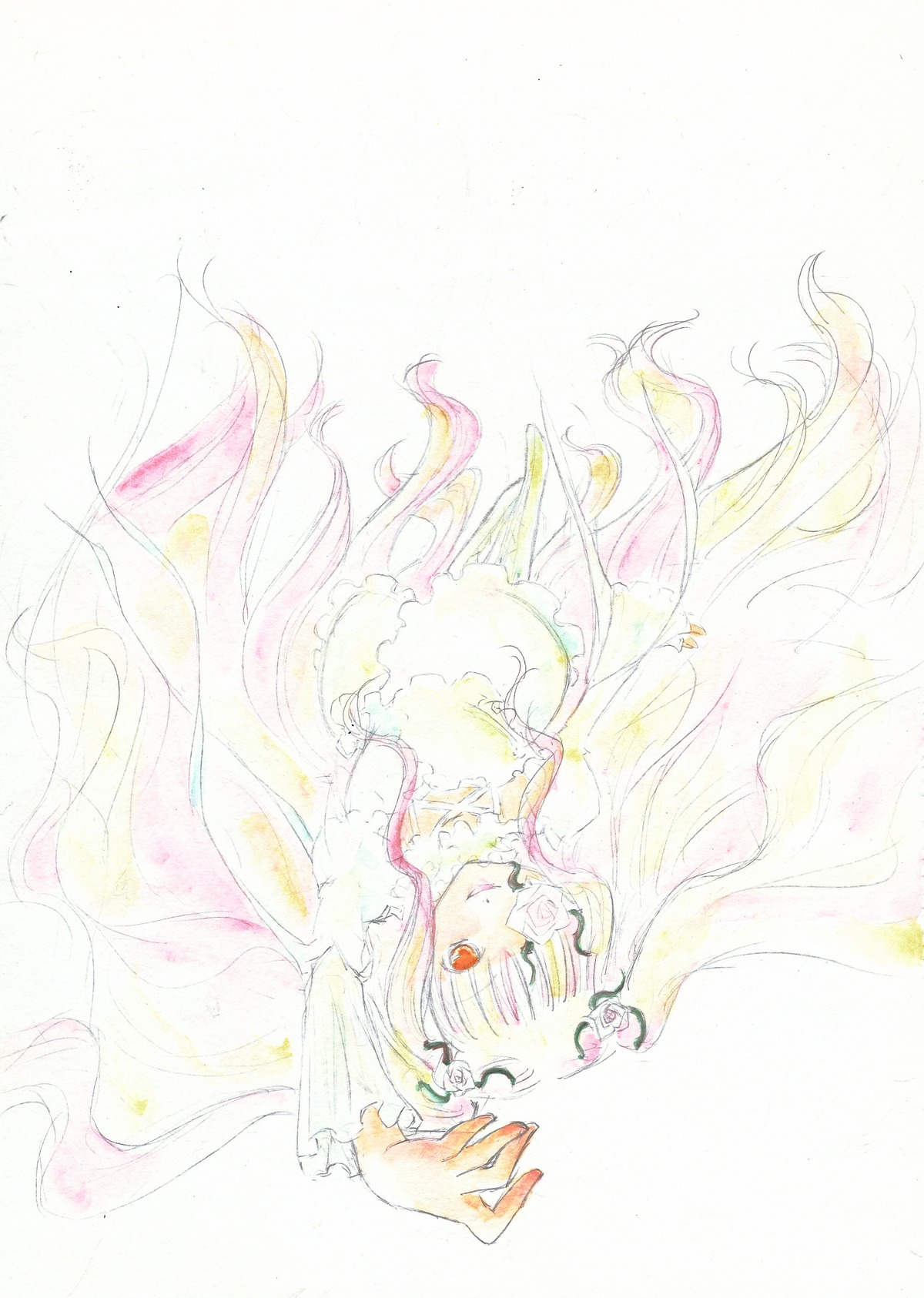 1girl dress eyepatch flower gradient_hair image kirakishou long_hair pink_hair red_eyes smile solo very_long_hair watercolor_(medium)