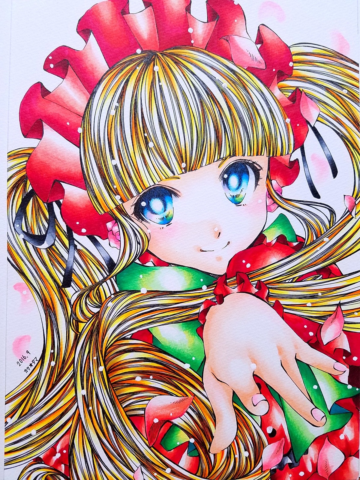 1990s_(style) 1girl bangs blonde_hair blue_eyes bow closed_mouth drill_hair eyebrows_visible_through_hair flower frills image long_hair long_sleeves looking_at_viewer marker_(medium) pastel_(medium) petals rose rose_petals shikishi shinku signature smile solo traditional_media twin_drills upper_body watercolor_(medium)