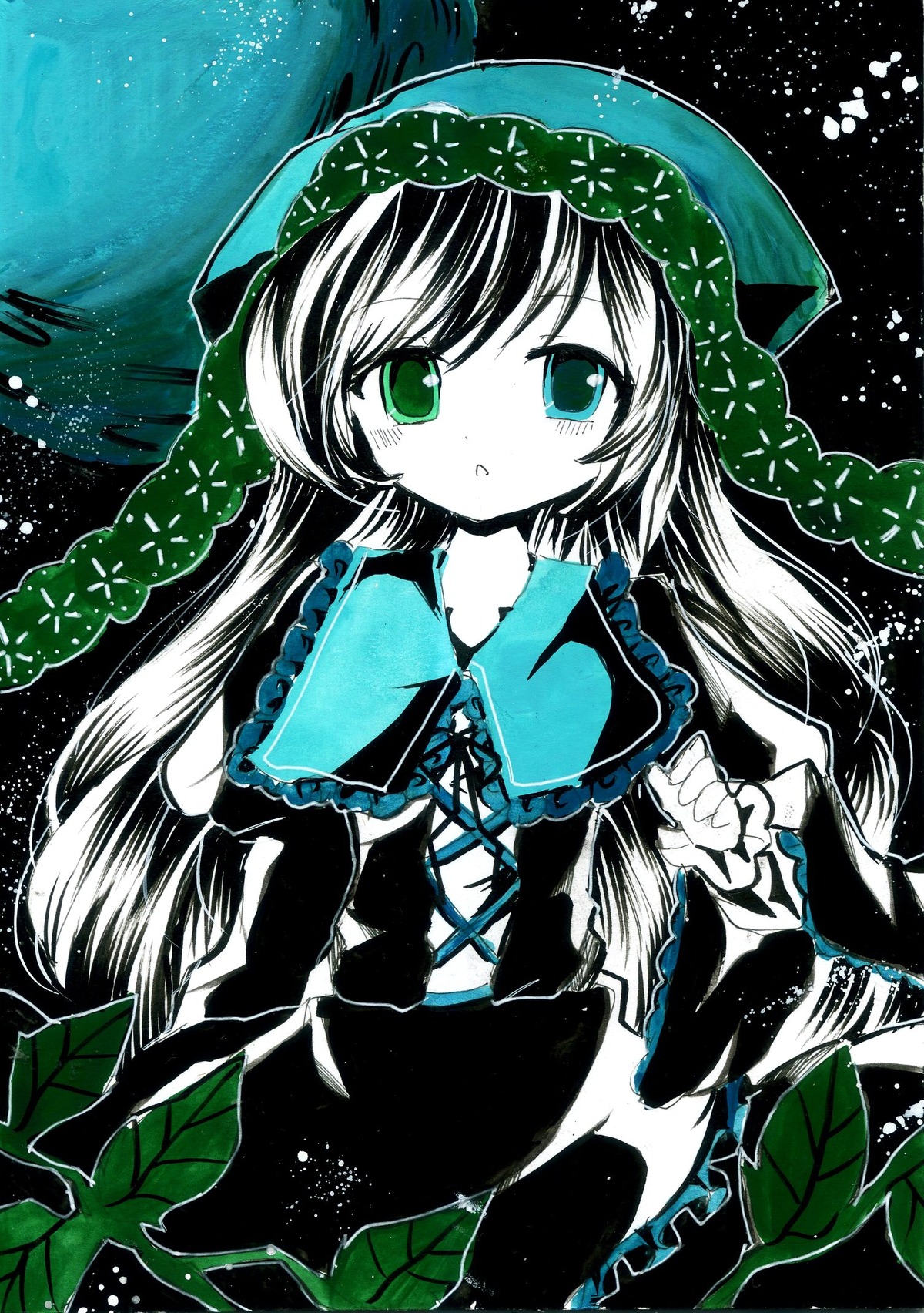 1girl blush dress frills green_eyes image leaf long_hair long_sleeves looking_at_viewer plant solo star_(sky) starry_sky suiseiseki very_long_hair vines