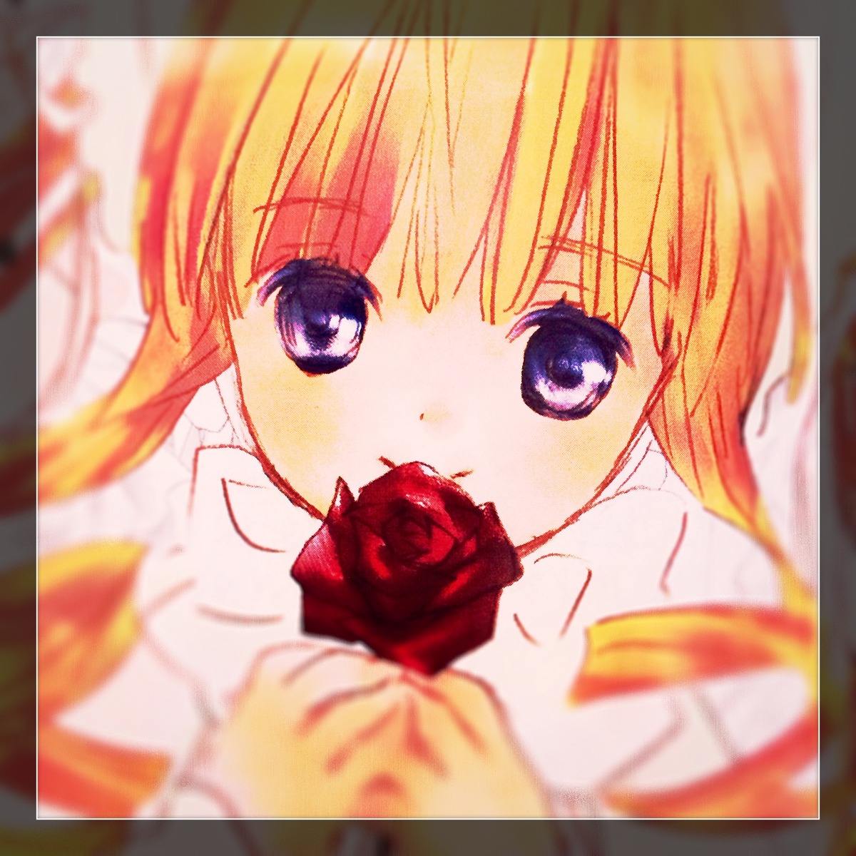 2girls black_border blonde_hair blue_eyes blurry blurry_background blurry_foreground close-up depth_of_field flower image letterboxed looking_at_viewer motion_blur multiple_girls photo purple_eyes red_flower red_rose reflection rose shinku solo zoom_layer
