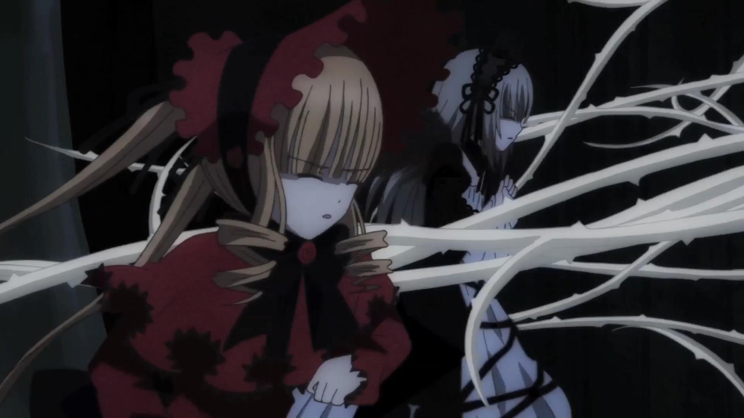 2girls blonde_hair bow closed_eyes dress frills image long_hair long_sleeves multiple_girls pair red_dress shinku silver_hair suigintou twintails