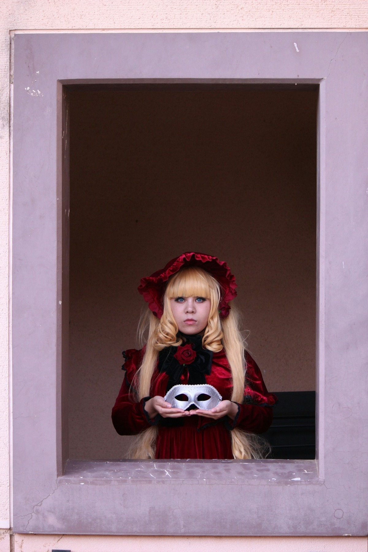 1girl bangs blonde_hair blue_eyes bonnet dress flower long_hair long_sleeves looking_at_viewer photo red_capelet red_dress rose shinku solo traditional_media twintails