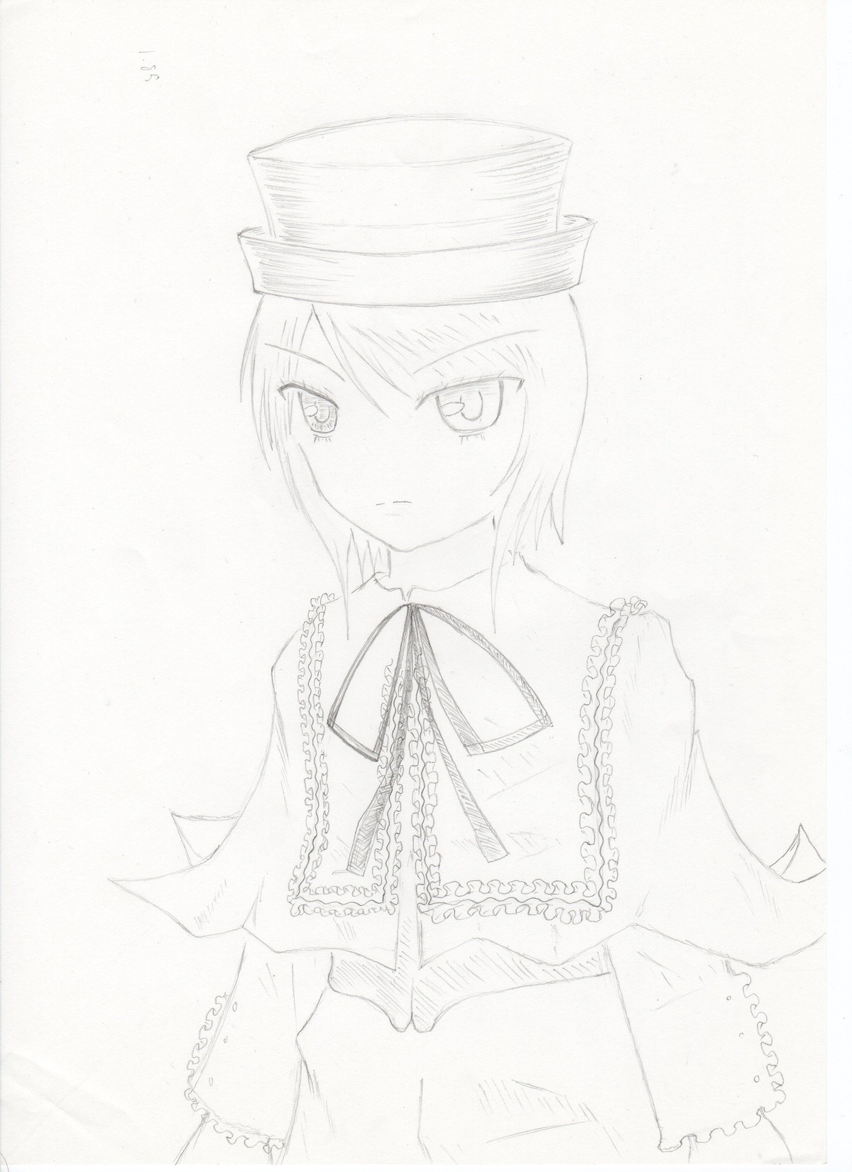 1girl blush capelet greyscale hat image monochrome ribbon short_hair solo souseiseki