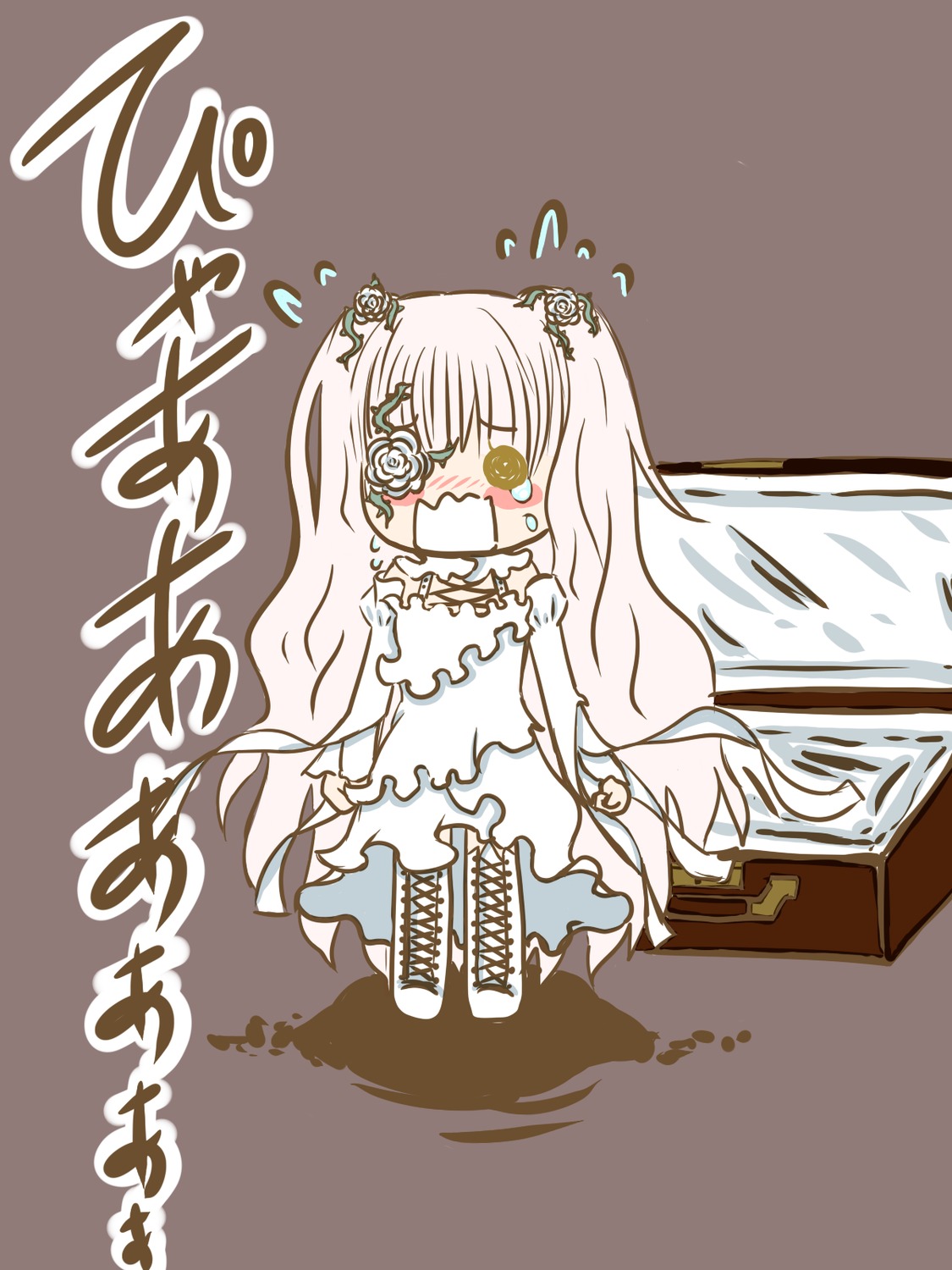 1girl @_@ blush dress eyepatch flower flying_sweatdrops hair_ornament image kirakishou long_hair open_mouth rose solo very_long_hair wavy_mouth yellow_eyes