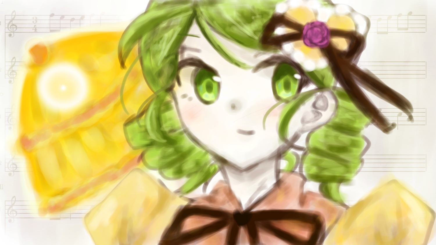 1girl flower green_eyes green_hair hair_flower hair_ornament image kanaria looking_at_viewer musical_note ribbon rose short_hair signature smile solo