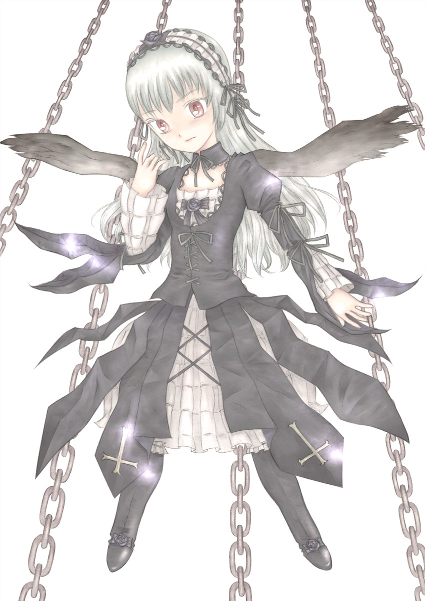 1girl anchor ankle_cuffs bdsm black_wings bondage bound bound_ankles broken broken_chain chain chain_necklace chained choker collar cross cuffs dress flail full_body gold_chain handcuffs hook image key leash lock long_hair long_sleeves metal_collar pearl_(gemstone) pocket_watch puffy_sleeves red_eyes restrained ribbon shackles sickle silver_hair simple_background slave solo suigintou swing watch white_background white_hair wings