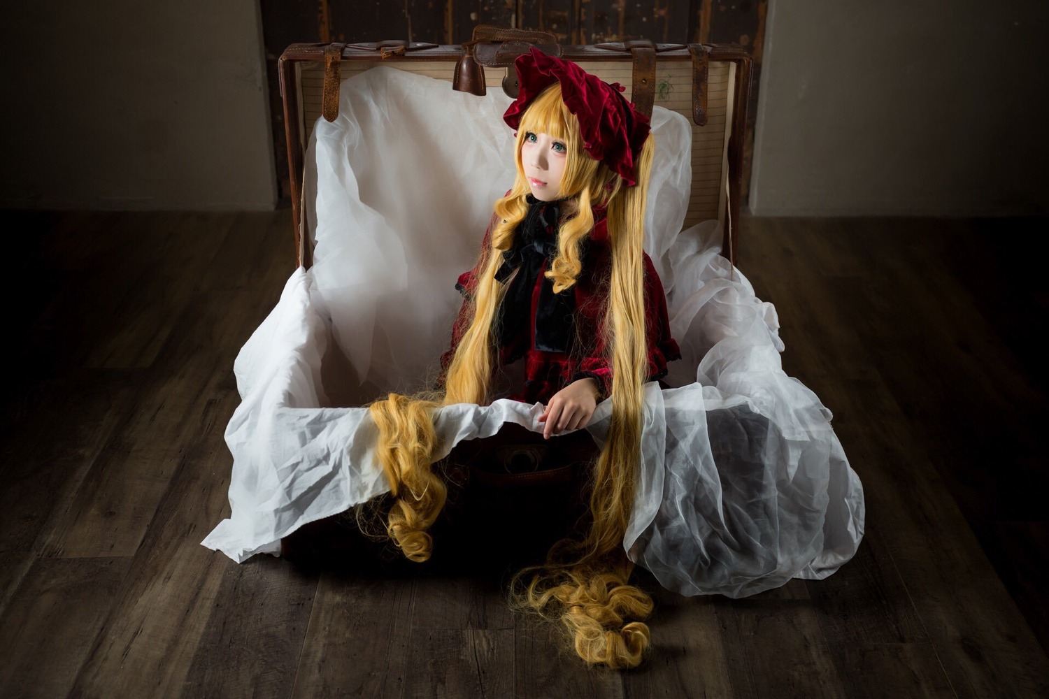 1girl blonde_hair blue_eyes dress fine_art_parody indoors lips long_hair long_sleeves rose shinku sitting solo very_long_hair
