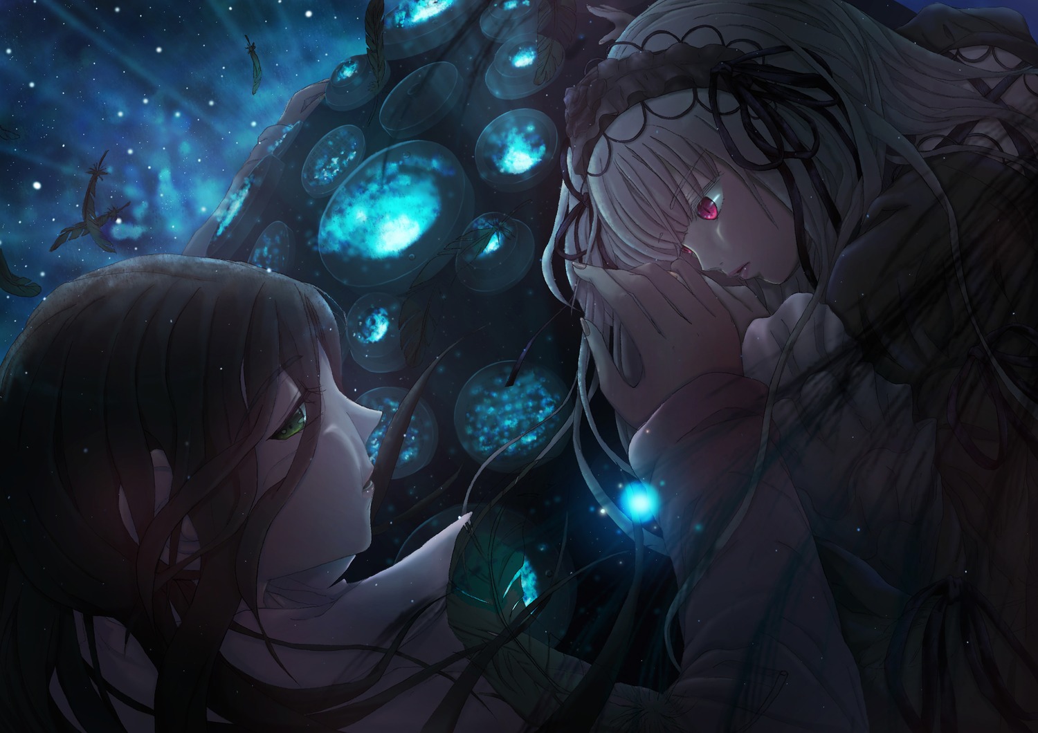 1boy black_hair dress eye_contact green_eyes hairband image kakizaki_megu lolita_hairband long_hair looking_at_another multiple_girls night night_sky ribbon silver_hair sky solo star_(sky) starry_sky suigintou wings