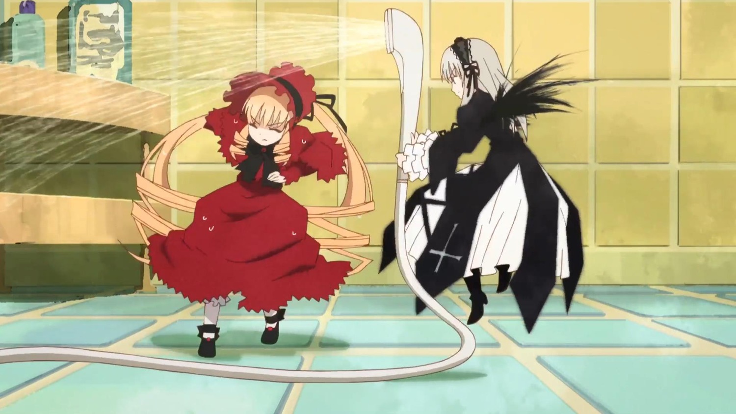 2girls black_wings blonde_hair closed_eyes dress hairband image long_hair long_sleeves multiple_girls pair red_dress ribbon shinku silver_hair standing suigintou very_long_hair wings
