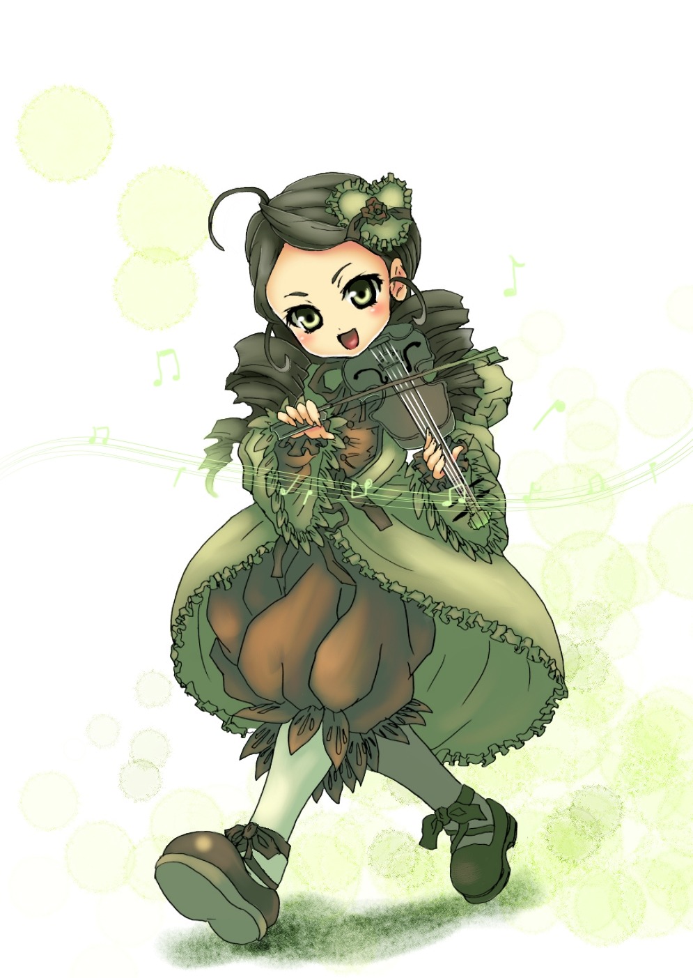 1girl ahoge bloomers dress drill_hair eighth_note full_body green_eyes green_hair image kanaria long_sleeves musical_note open_mouth smile solo twin_drills