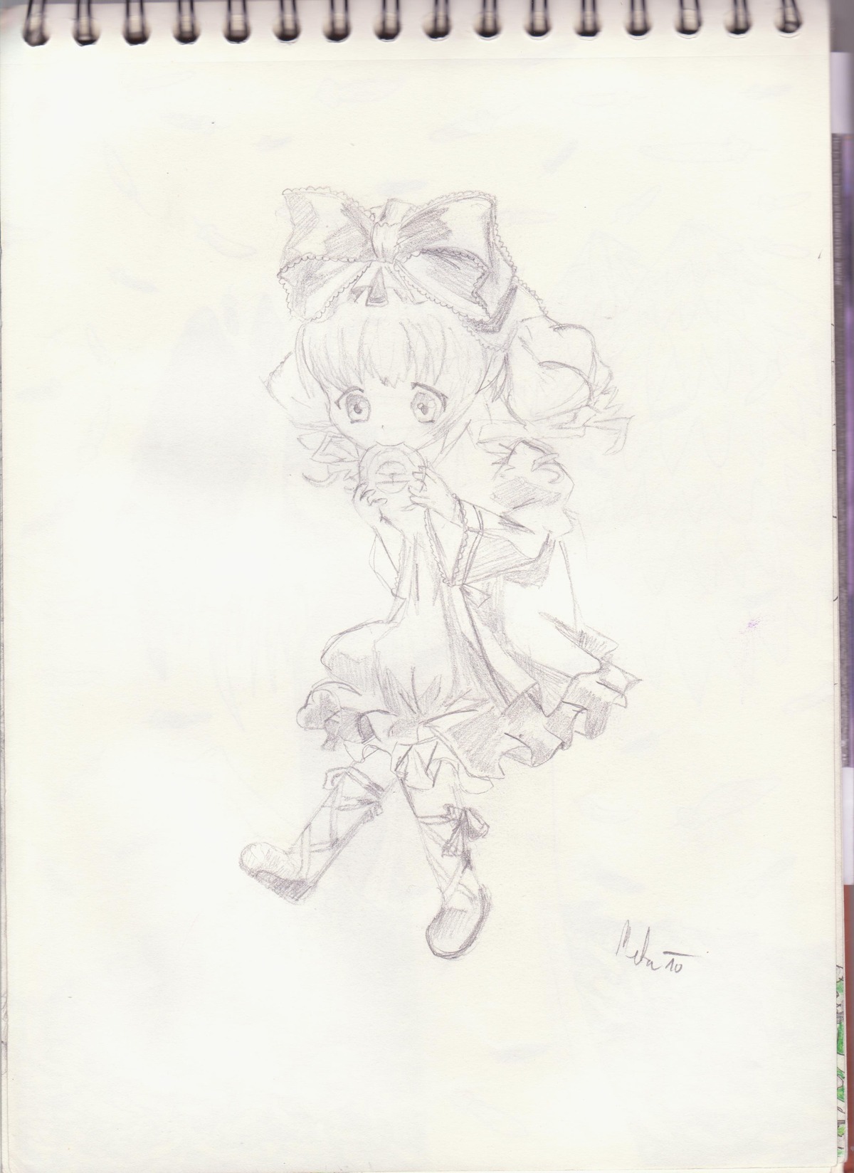 1girl boots bow dress hair_bow hinaichigo image monochrome photo sketch solo traditional_media