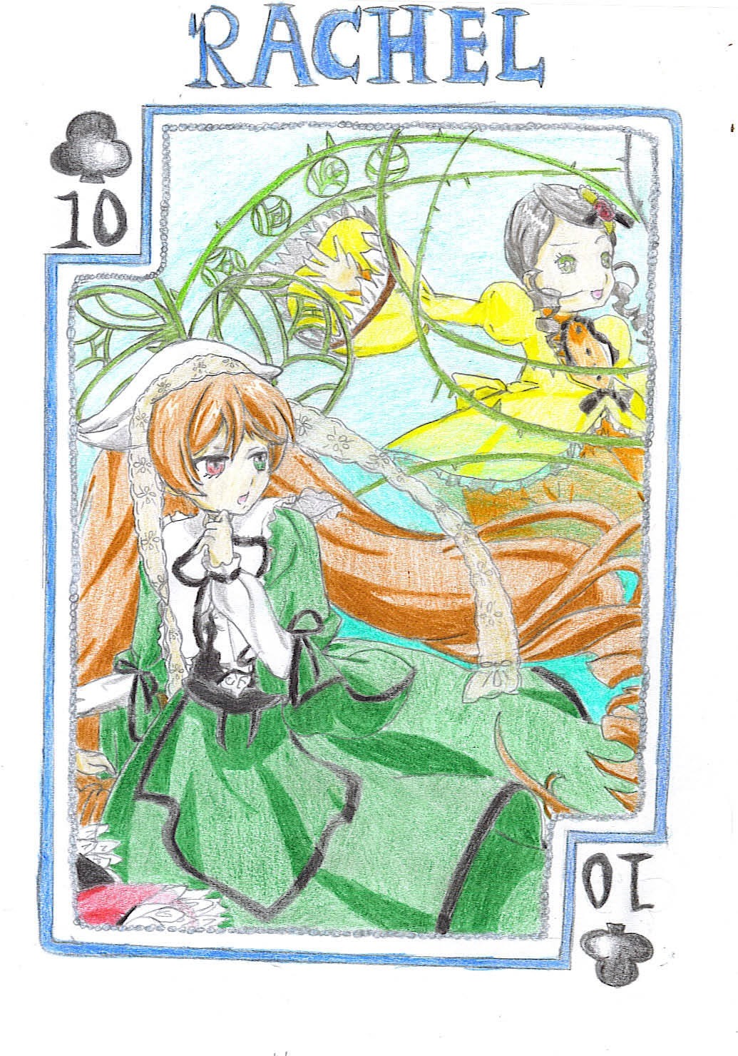 brown_hair dress flower green_dress hat head_scarf image kanaria long_hair long_sleeves multiple_girls pair red_eyes suiseiseki traditional_media very_long_hair