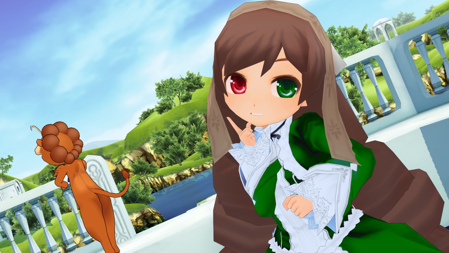 1girl blue_sky brown_hair building cloud day dress frills green_dress green_eyes hat heterochromia image long_hair long_sleeves looking_at_viewer outdoors red_eyes sky smile solo suiseiseki tree very_long_hair