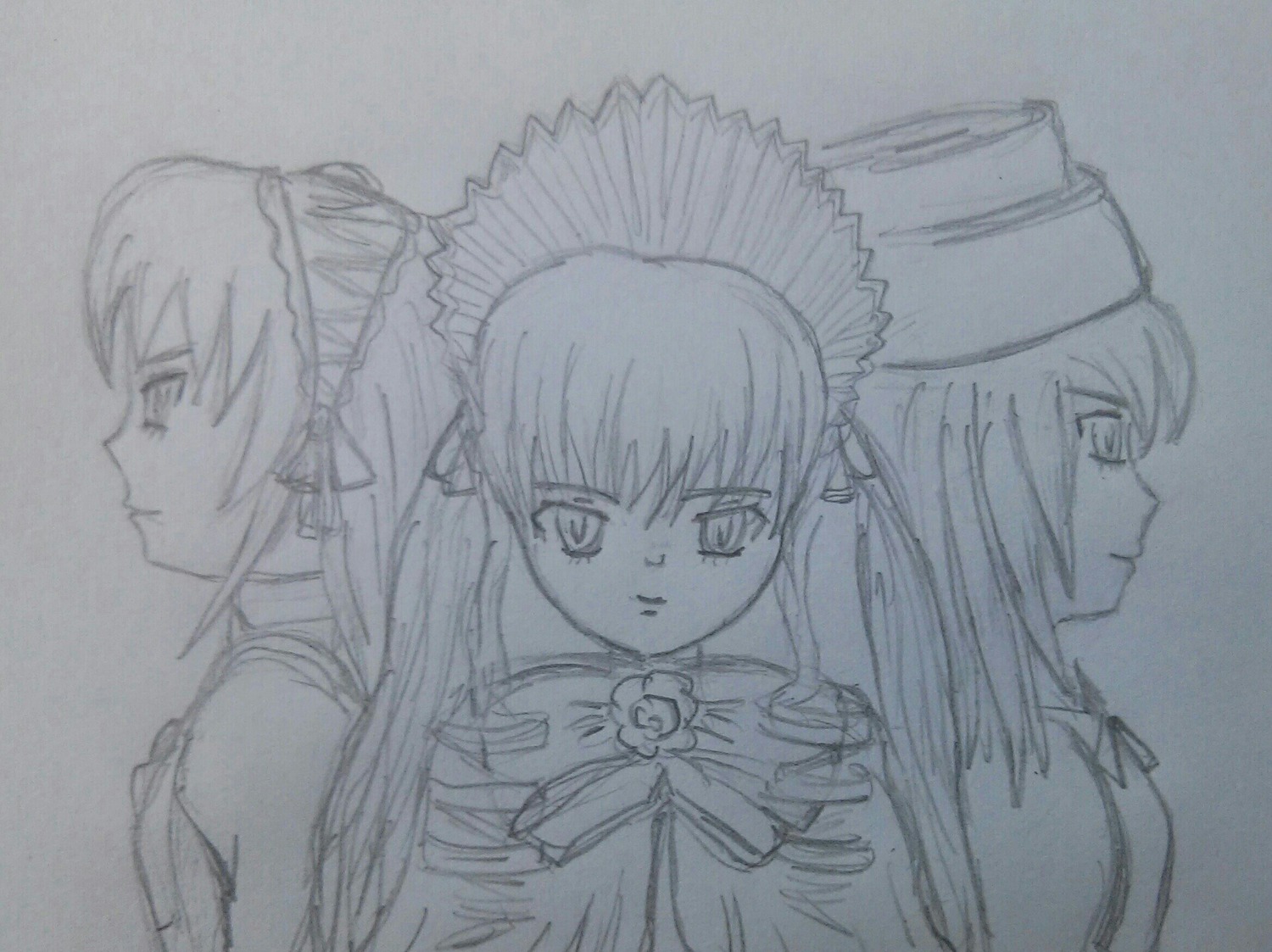 3girls expressionless hat image long_hair long_sleeves looking_at_viewer monochrome multiple multiple_girls profile shinku simple_background suigintou tagme upper_body white_background