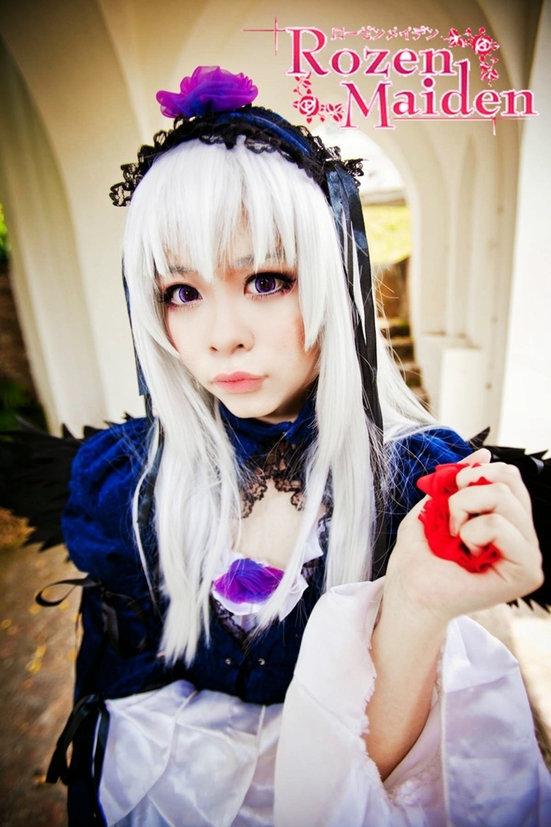 1girl blurry blurry_background closed_mouth depth_of_field dress flower lips long_hair long_sleeves looking_at_viewer purple_eyes silver_hair solo suigintou