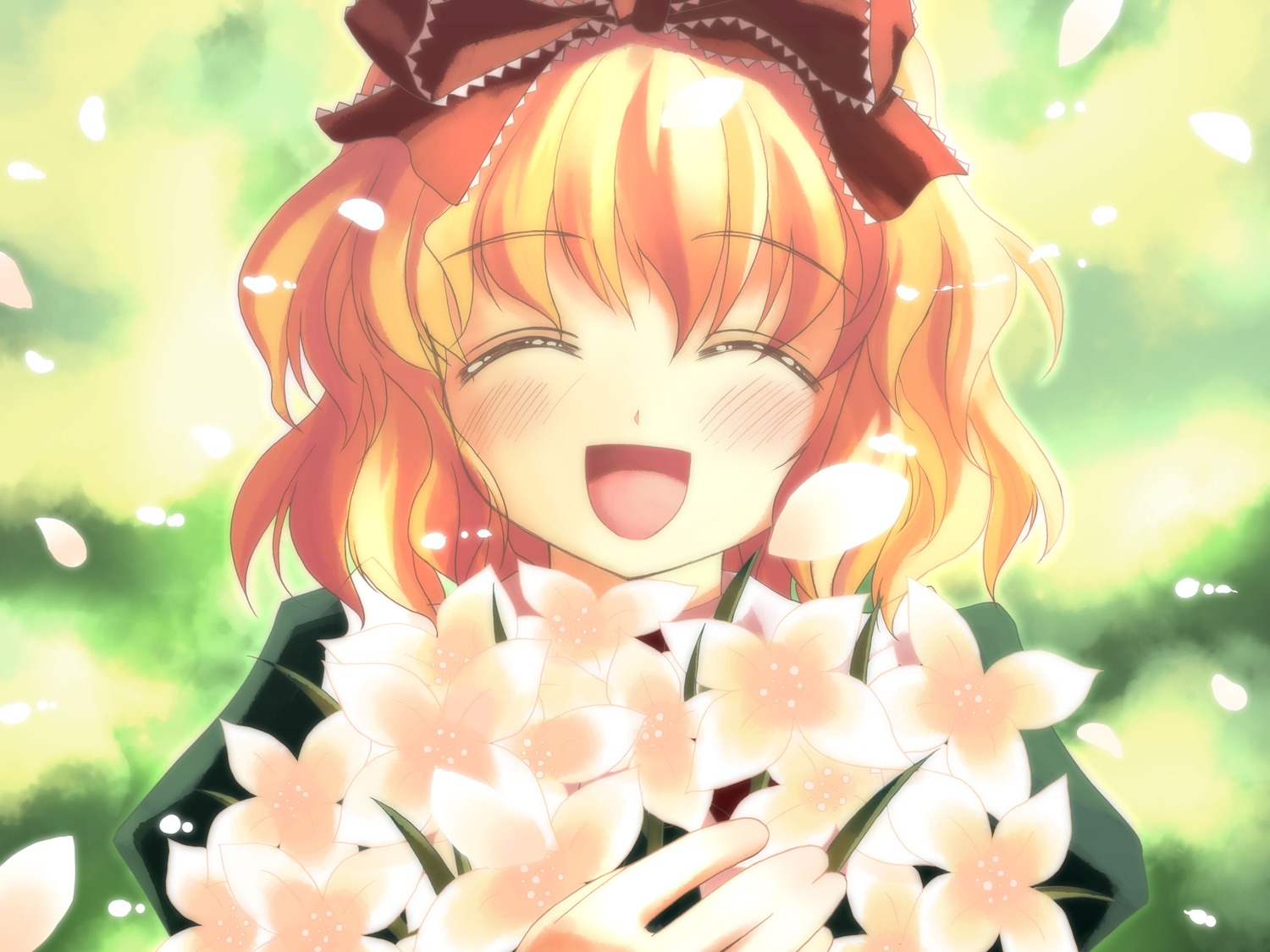 1girl :d ^_^ blonde_hair blush bouquet closed_eyes flower happy hinaichigo image open_mouth petals short_hair smile solo tears