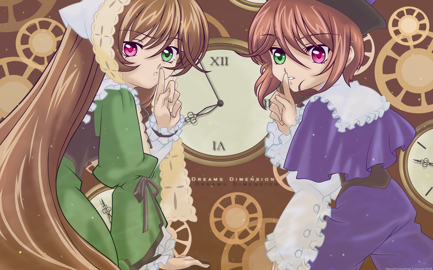 2girls auto_tagged brown_hair dress finger_to_mouth green_dress green_eyes hat heterochromia image long_hair long_sleeves looking_at_viewer looking_back multiple_girls pair red_eyes short_hair siblings sisters souseiseki suiseiseki twins very_long_hair