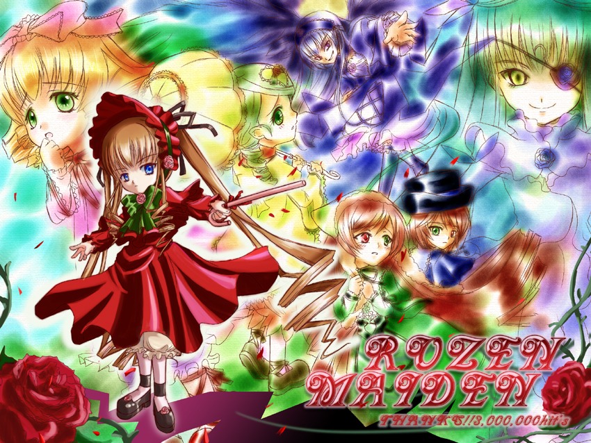 6+girls :o anagura_mogura barasuishou blonde_hair blue_dress blue_eyes bonnet bow bowtie brown_hair copyright_name dress drill_hair flower flower_eyepatch frills green_eyes green_hair hand_to_own_mouth hat heterochromia hina_ichigo image kanaria long_hair long_sleeves mary_janes multiple multiple_girls own_hands_together parasol parted_lips petals photoshop_(medium) pink_bow pink_rose puffy_long_sleeves puffy_sleeves purple_dress red_dress red_eyes red_flower red_rose rose rozen_maiden shinku shoes siblings silver_hair sisters smile souseiseki standing suigintou suiseiseki tagme teeth top_hat twin_drills twins twintails umbrella very_long_hair walking_stick white_legwear yellow_dress