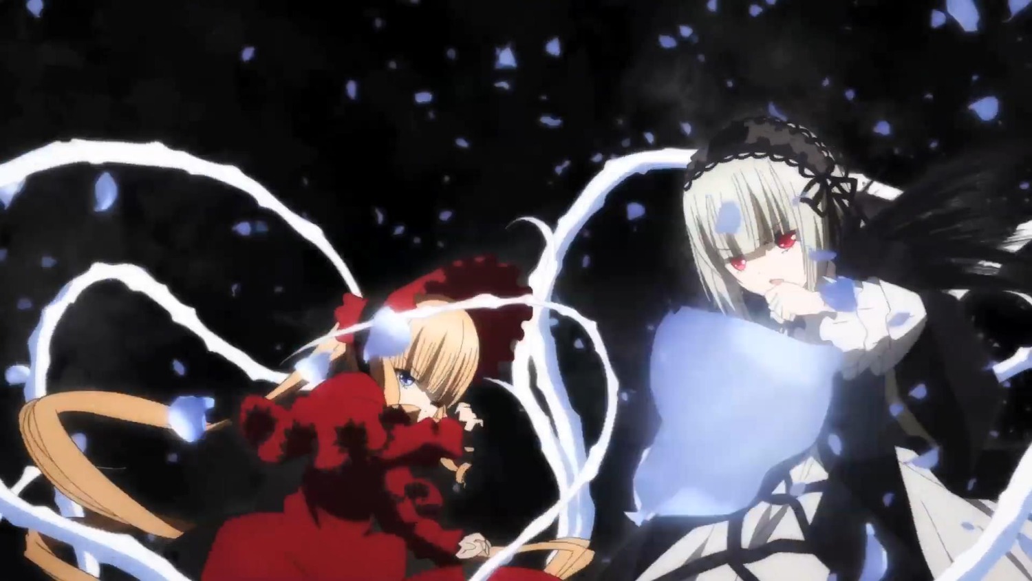 2girls blonde_hair blue_eyes bonnet dress flower hairband image long_hair long_sleeves looking_at_viewer multiple_girls pair red_dress red_eyes shinku short_hair silver_hair suigintou very_long_hair wings