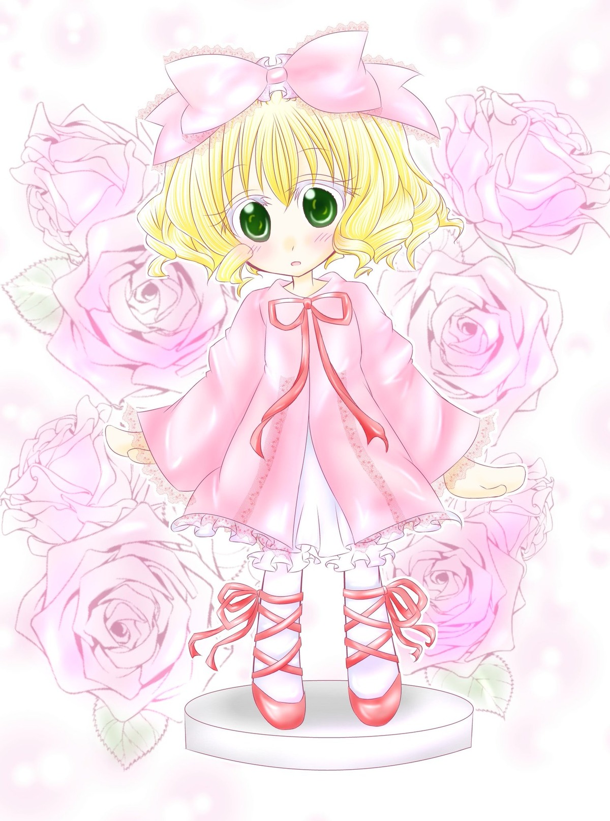 1girl blonde_hair blush bow dress flower frills green_eyes hair_bow hina_ichigo hinaichigo image pantyhose pink_bow pink_flower pink_rose ribbon rose short_hair solo white_rose yellow_rose
