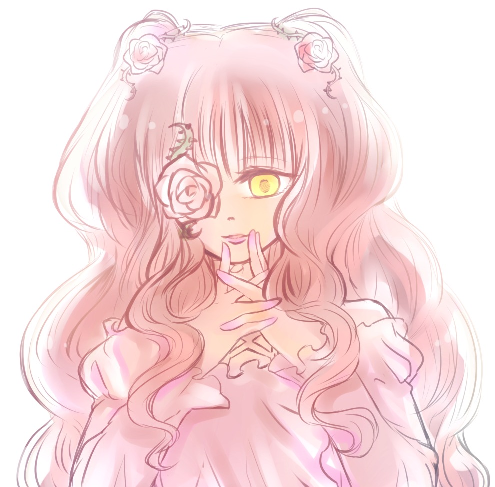 1girl flower hair_flower hair_ornament image kirakishou long_hair pink_flower pink_hair pink_rose pink_theme rose solo striped thorns wavy_hair white_flower white_rose yellow_eyes