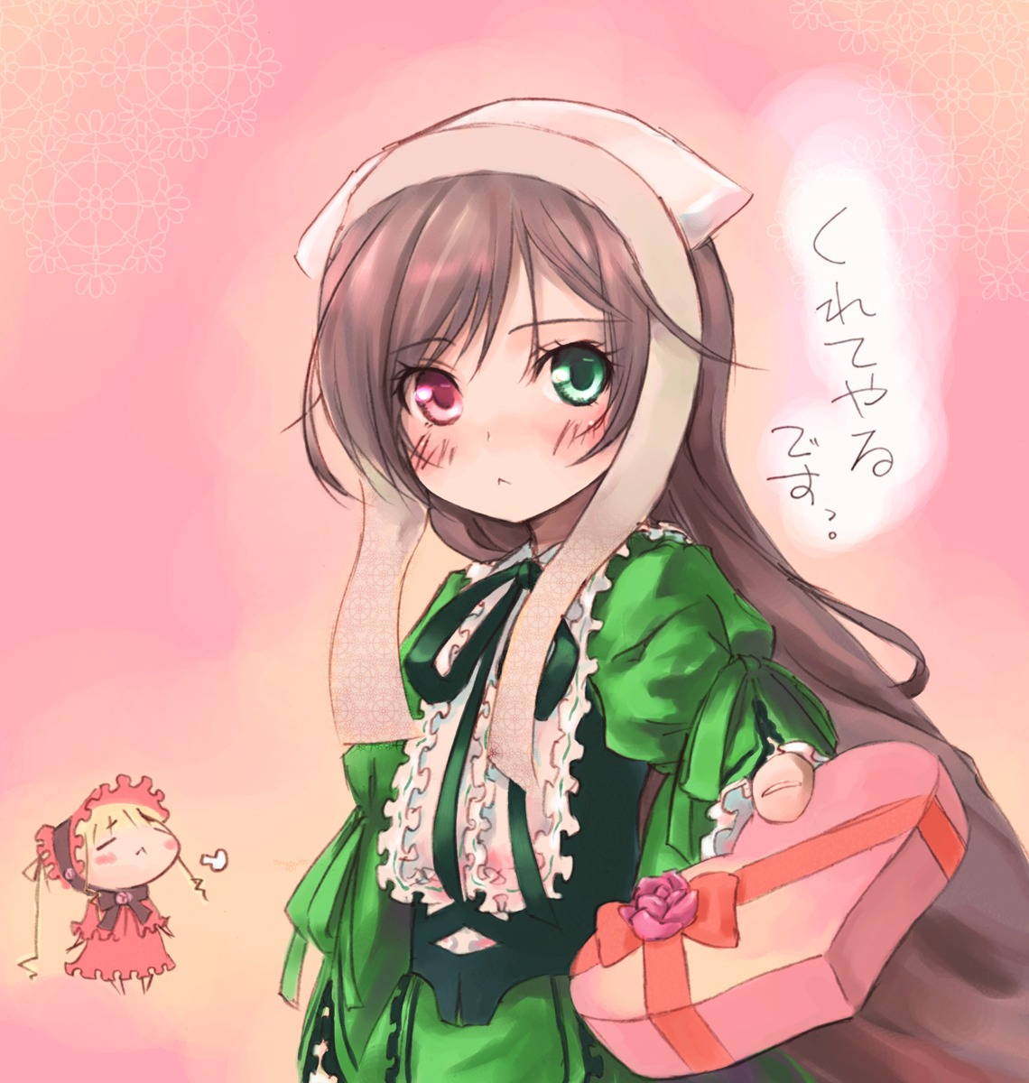 1girl :< blush box brown_hair dress gift gift_box green_dress green_eyes hairband happy_valentine heart-shaped_box heterochromia holding holding_gift image incoming_gift lolita_fashion long_hair long_sleeves looking_at_viewer pair red_eyes ribbon shinku siblings suiseiseki tsundere valentine