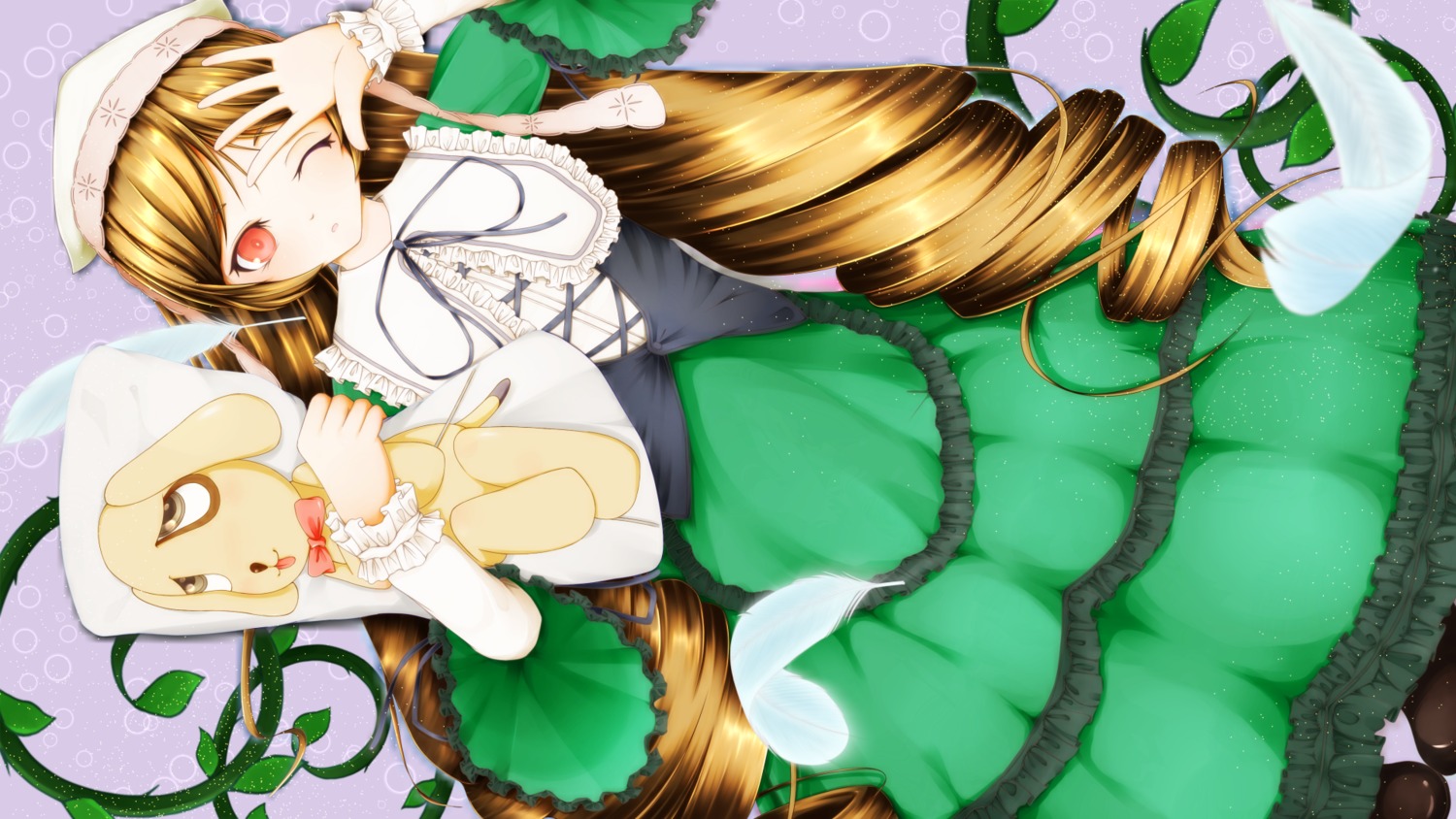 1girl blonde_hair brown_hair dress drill_hair frills hat head_scarf image long_hair long_sleeves one_eye_closed red_eyes solo suiseiseki twin_drills very_long_hair