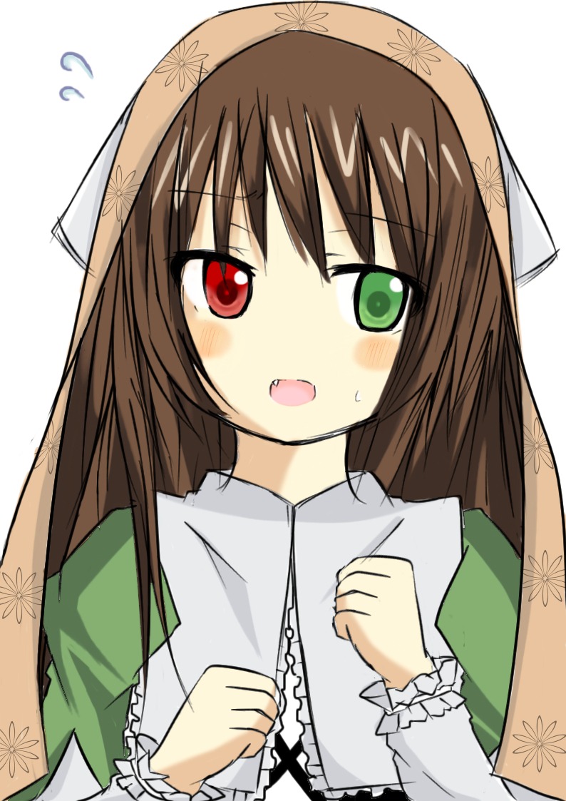 1girl blush brown_hair dress fang flying_sweatdrops green_dress green_eyes head_scarf heterochromia image long_hair long_sleeves open_mouth red_eyes solo suiseiseki sweatdrop upper_body white_background