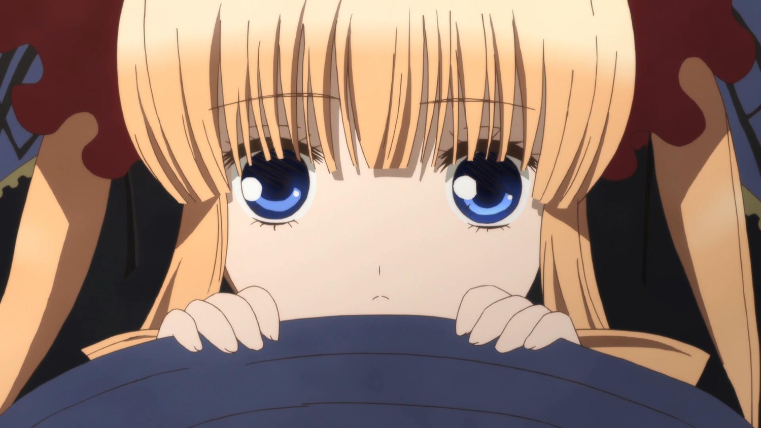 1girl bangs blonde_hair blue_eyes blunt_bangs close-up eyebrows_visible_through_hair hat image looking_at_viewer peeking_out pout shinku solo