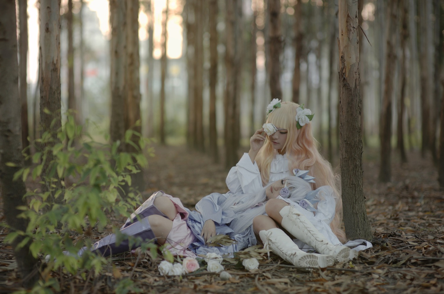 2girls bangs blonde_hair closed_eyes dress flower forest hair_flower hair_ornament kirakishou long_hair multiple_girls nature school_uniform sitting skirt solo sunlight tree very_long_hair white_flower white_footwear white_legwear