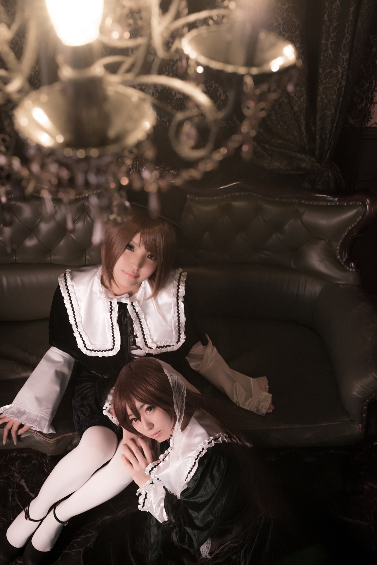 2girls brown_hair dress frills lips long_sleeves looking_at_viewer multiple_cosplay multiple_girls shoes short_hair siblings sisters sitting tagme twins white_legwear