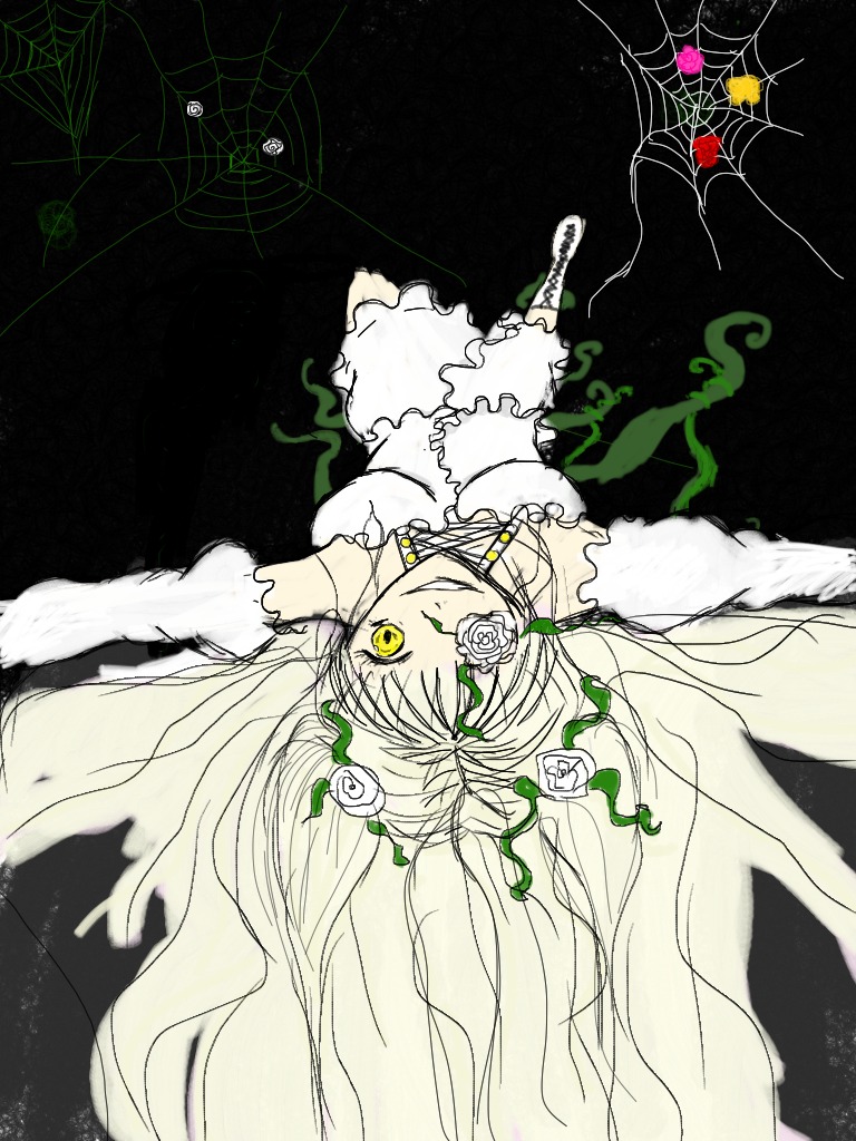 1girl auto_tagged dress eyepatch flower hair_flower image kirakishou long_hair rose smile solo thorns twintails veil very_long_hair vines yellow_eyes