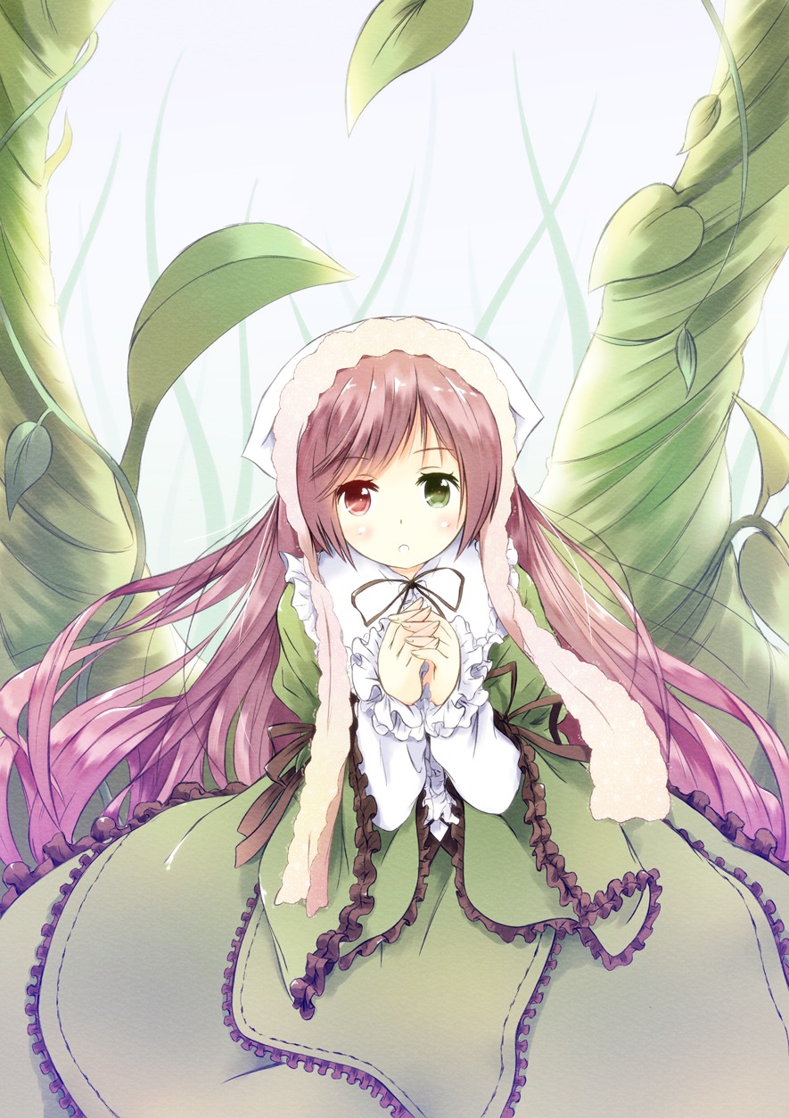 1girl dress frills green_dress green_eyes heterochromia image leaf long_hair long_sleeves looking_at_viewer plant red_eyes ribbon solo suiseiseki very_long_hair vines