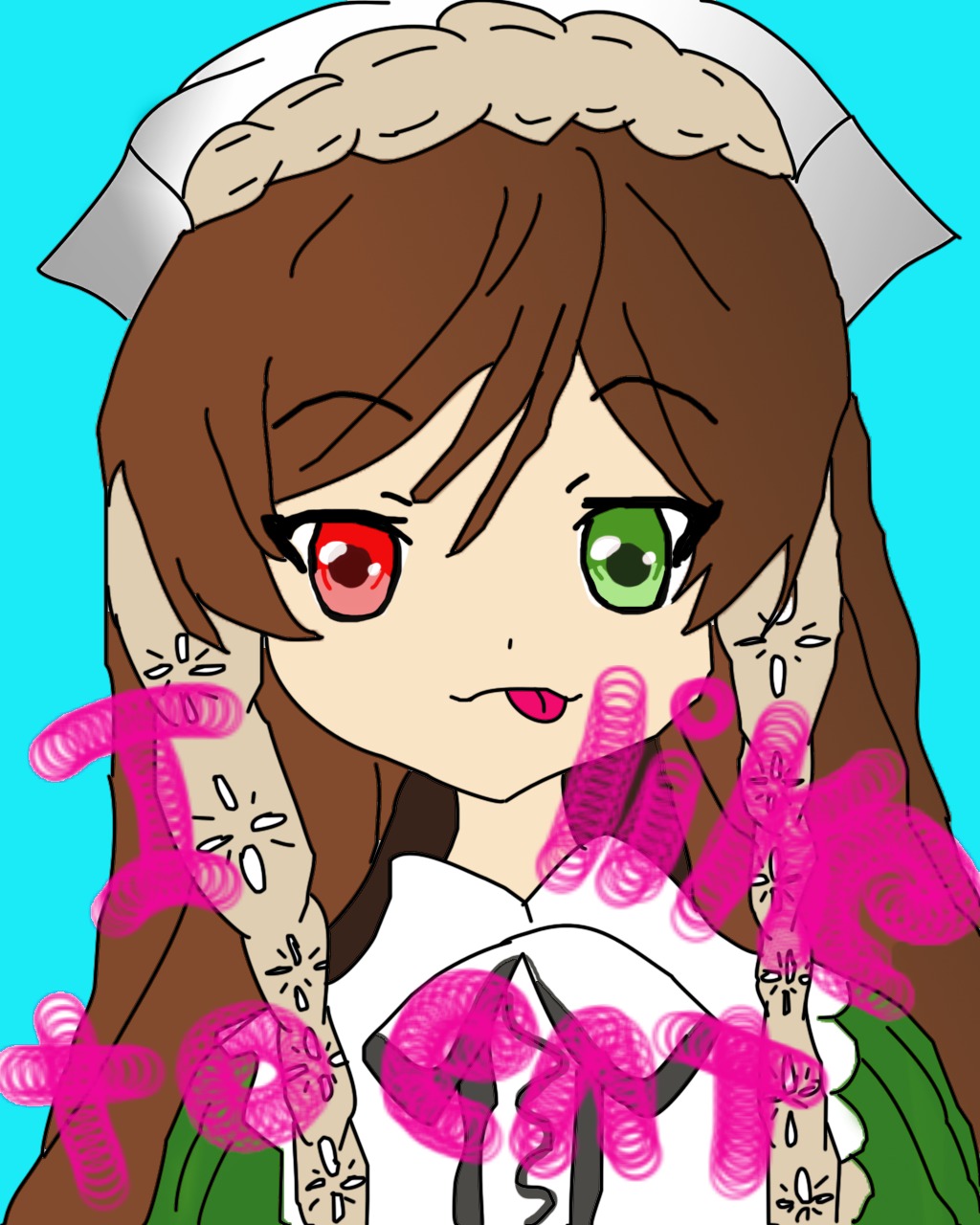1girl aqua_background blue_background brown_hair green_eyes image red_eyes simple_background solo suiseiseki tongue tongue_out