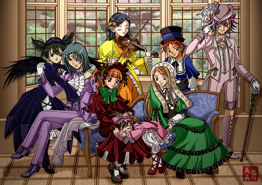 6+girls auto_tagged black_hair blonde_hair brown_hair dress frills gloves hat image long_hair multiple multiple_girls pantyhose suigintou tagme top_hat wings