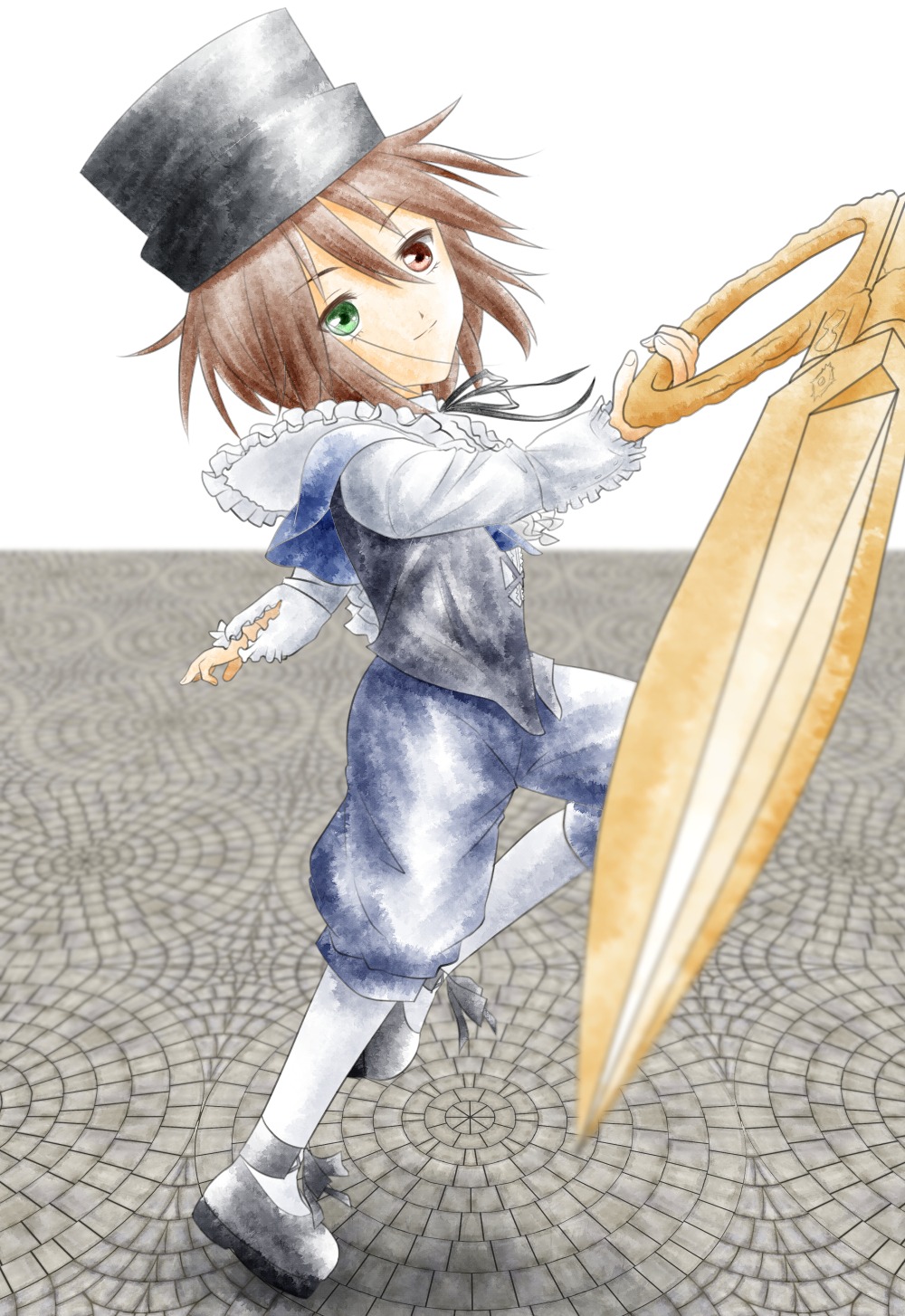 brown_hair full_body green_eyes hat heterochromia image long_sleeves looking_at_viewer looking_back pants red_eyes smile solo souseiseki