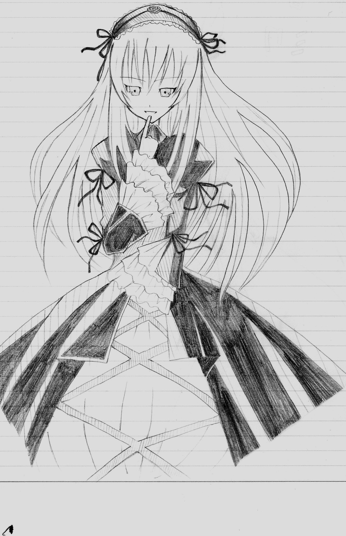 1girl dress frills greyscale hairband long_hair long_sleeves looking_at_viewer monochrome ribbon solo suigintou traditional_media