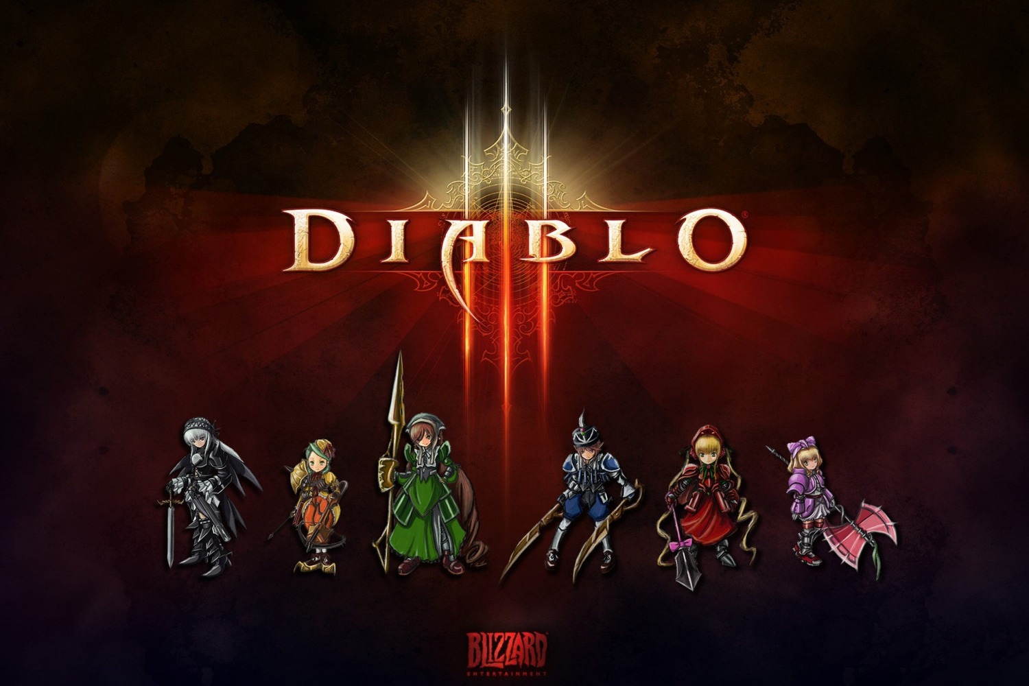 armor blonde_hair brown_hair dress hat holding image long_hair multiple multiple_boys multiple_girls polearm short_hair sword tagme weapon