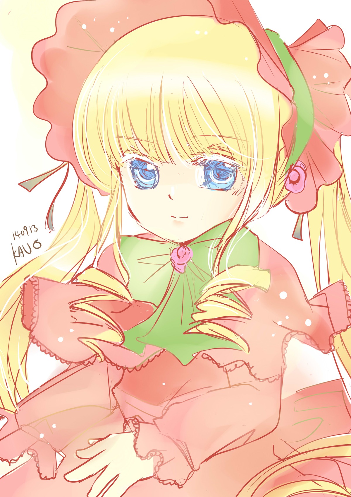 1girl auto_tagged bangs blonde_hair blue_eyes bonnet bow bowtie dress drill_hair flower image long_hair long_sleeves looking_at_viewer pink_flower rose shinku simple_background smile solo twin_drills twintails white_background