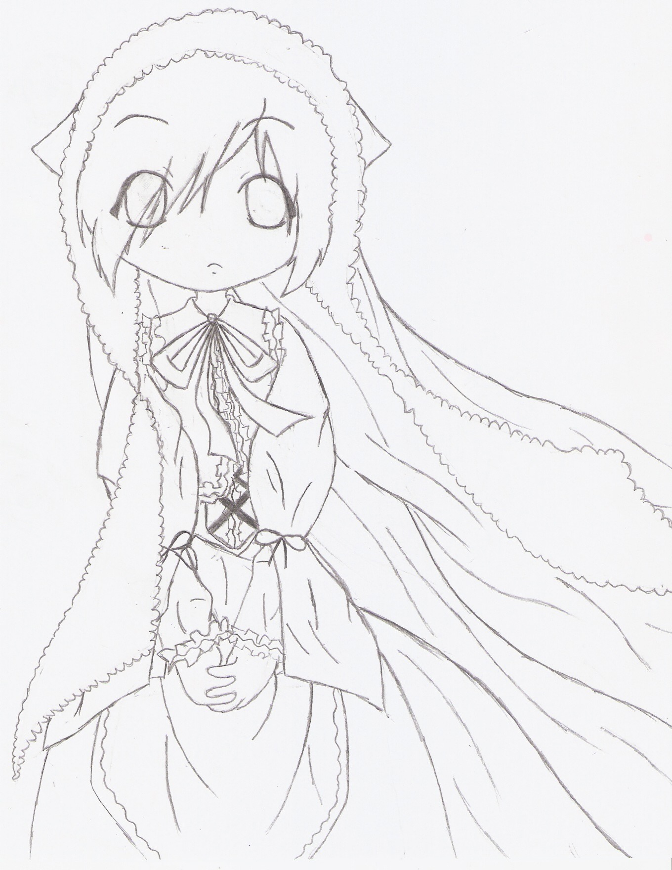1girl blush dress eyebrows_visible_through_hair frills greyscale image long_hair long_sleeves looking_at_viewer monochrome ribbon solo standing suiseiseki very_long_hair