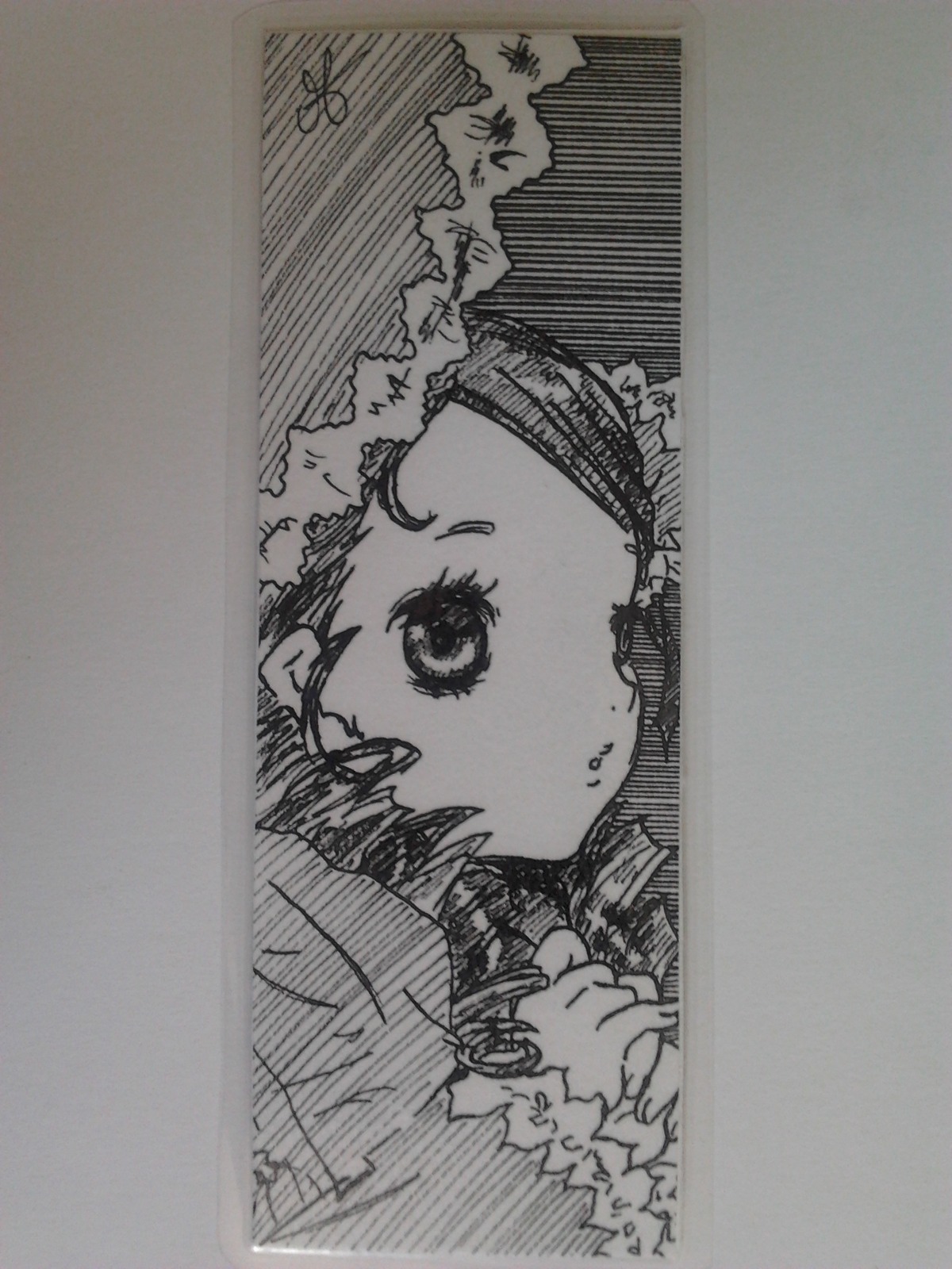 1girl closed_mouth image kanaria looking_at_viewer monochrome peeking_out photo portrait solo traditional_media