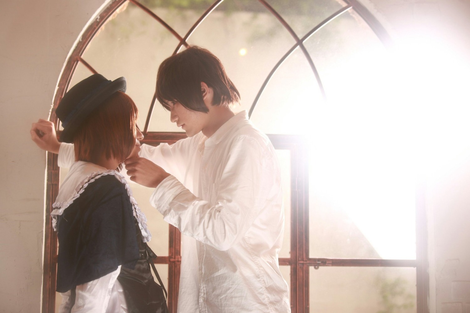 1boy 1girl black_hair long_sleeves shirt solo souseiseki white_shirt