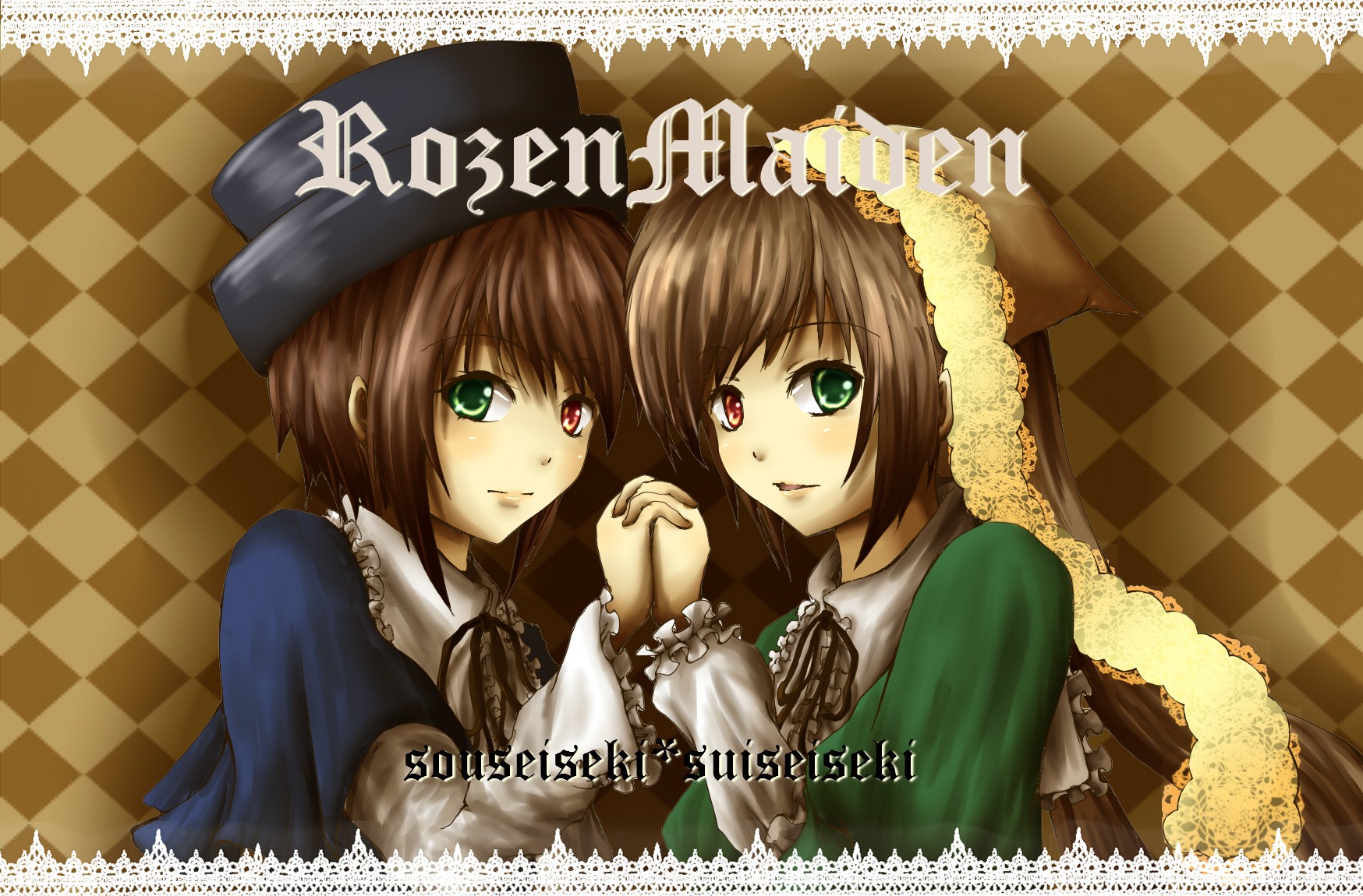2girls argyle argyle_background argyle_legwear board_game brown_hair checkered checkered_background checkered_floor checkered_kimono chess_piece green_dress green_eyes hat head_scarf heterochromia holding_hands image interlocked_fingers long_sleeves looking_at_viewer multiple_girls pair perspective red_eyes siblings sisters souseiseki suiseiseki tile_floor tile_wall tiles top_hat twins