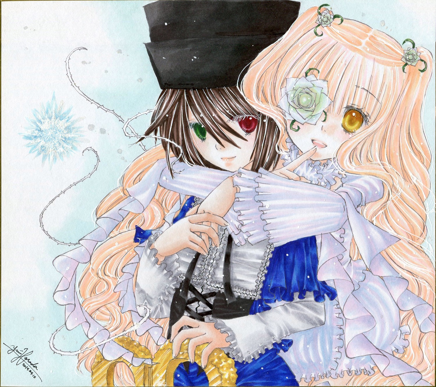 2girls brown_hair dress flower frills green_eyes hat heterochromia image kirakishou long_hair long_sleeves marker_(medium) multiple_girls pair red_eyes rose siblings sisters souseiseki suiseiseki traditional_media twins very_long_hair watercolor_(medium)